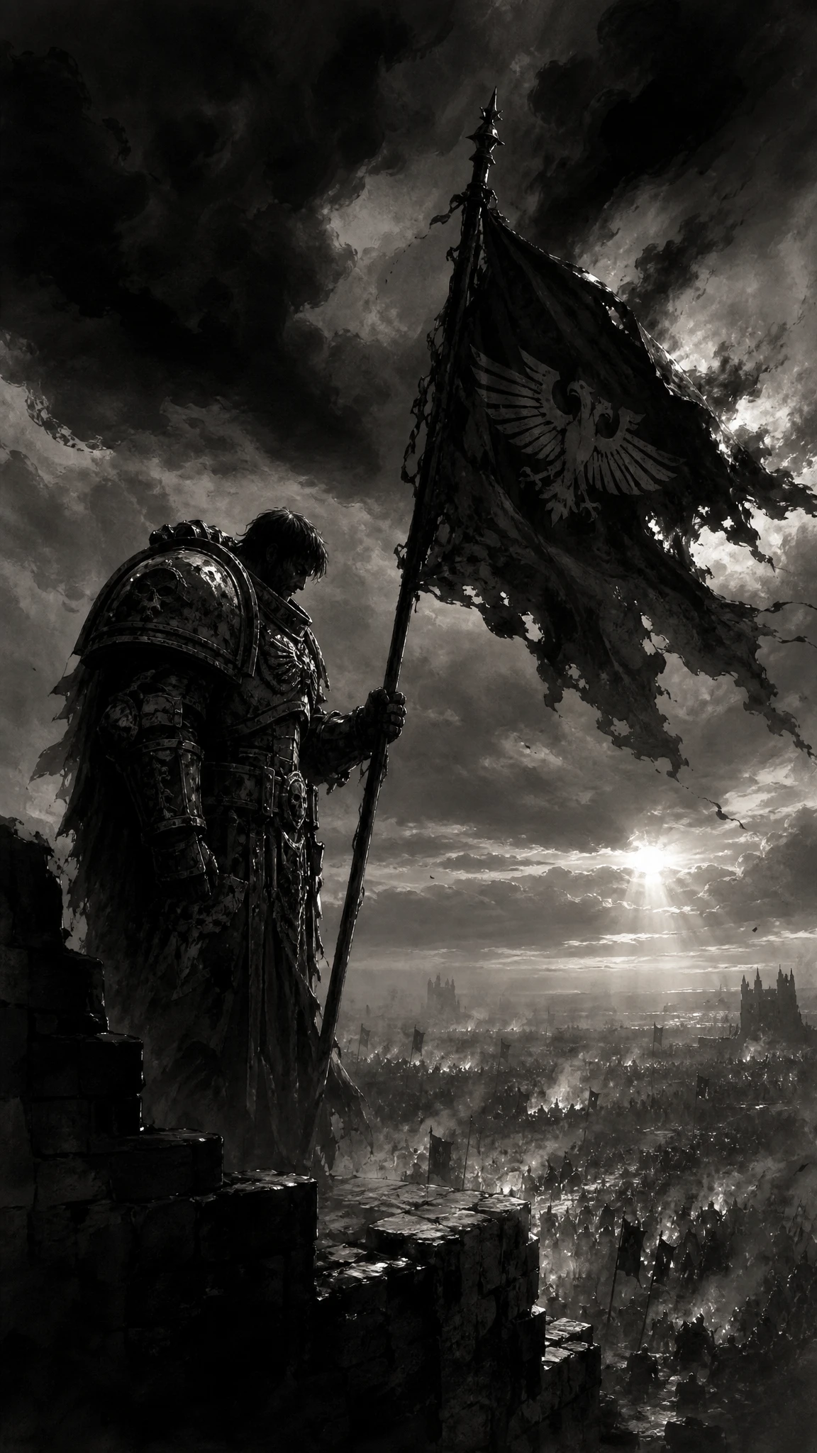 Lone armored paladin on ruined fortress wall with burning flag