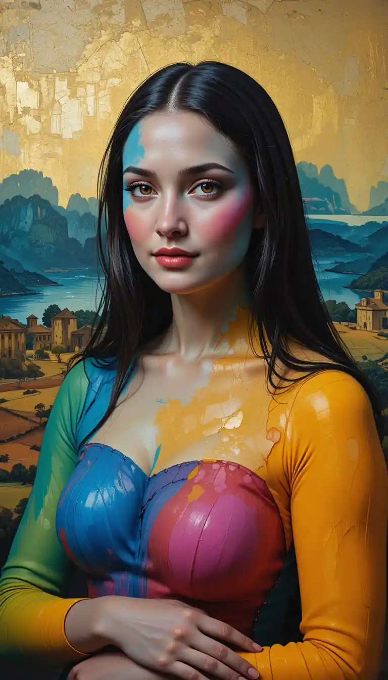 Confident body painted woman before classical landscape painting