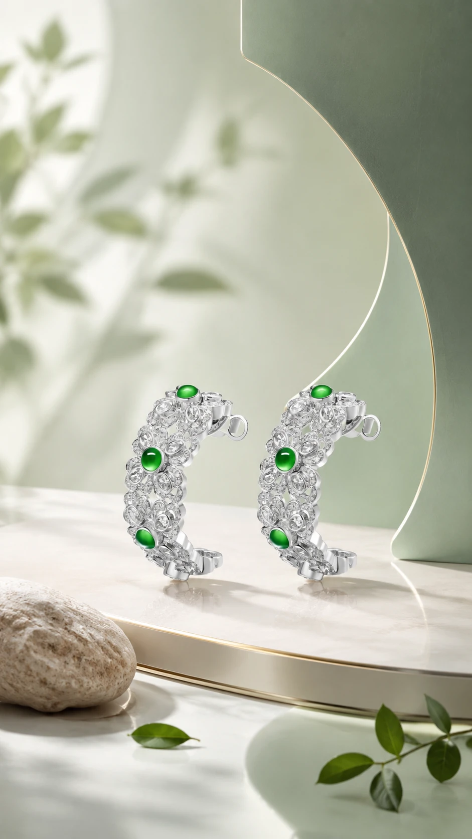 Minimalist jewelry poster with soft abstract green background