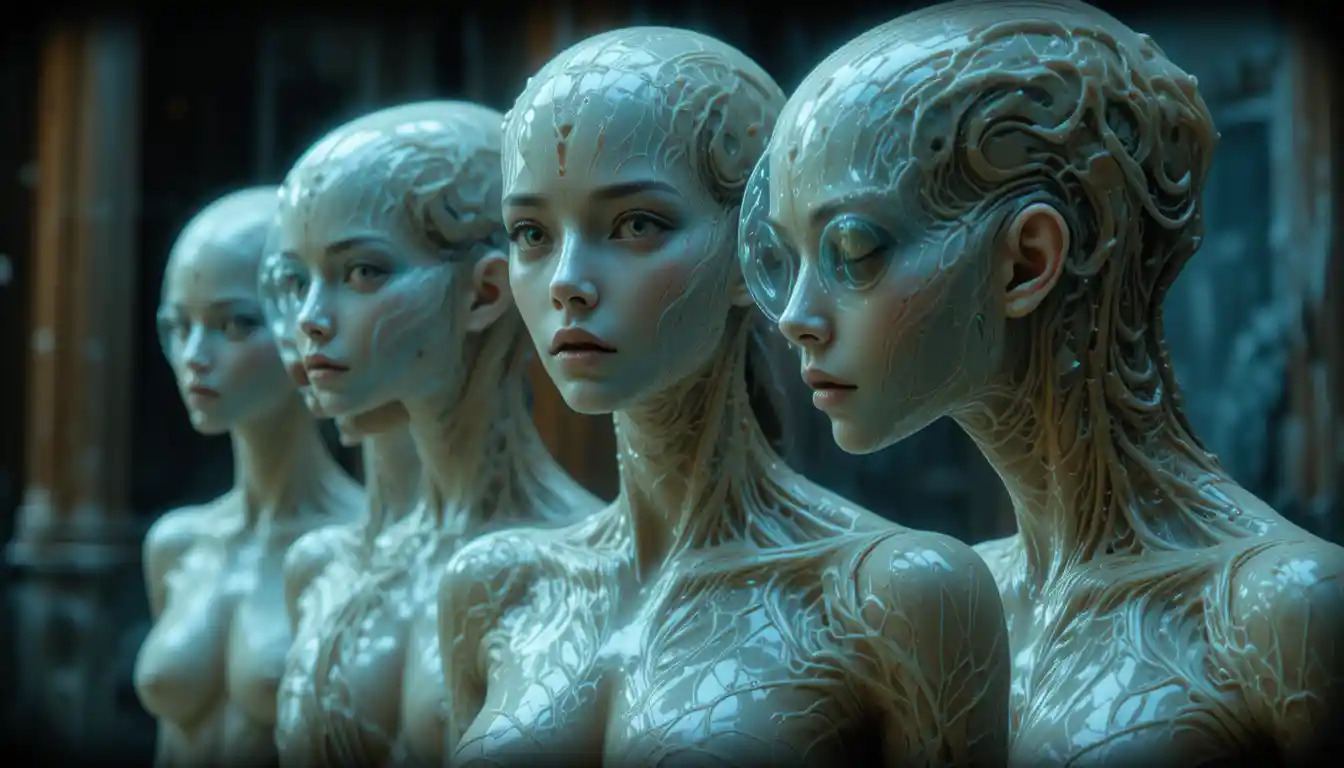 Futuristic latex humanoid with translucent glossy body