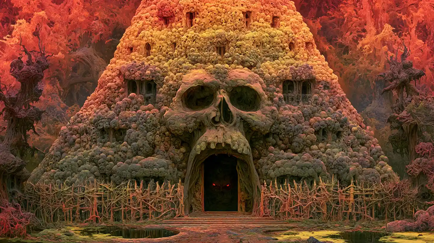 Haunted Skull Mansion With Gaping Maw In Dark Forest