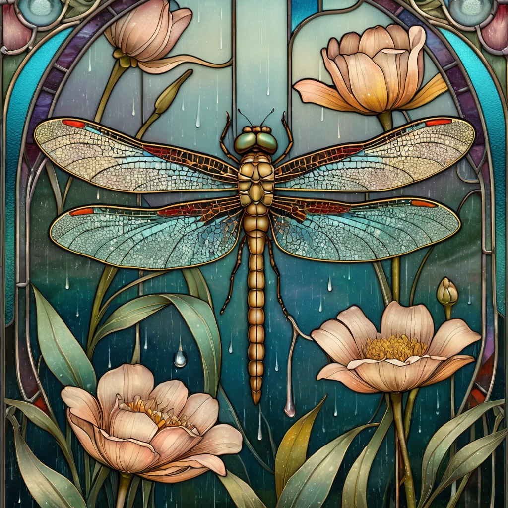 Dragonfly Above Flowers In Art Nouveau Rainy Garden Scene