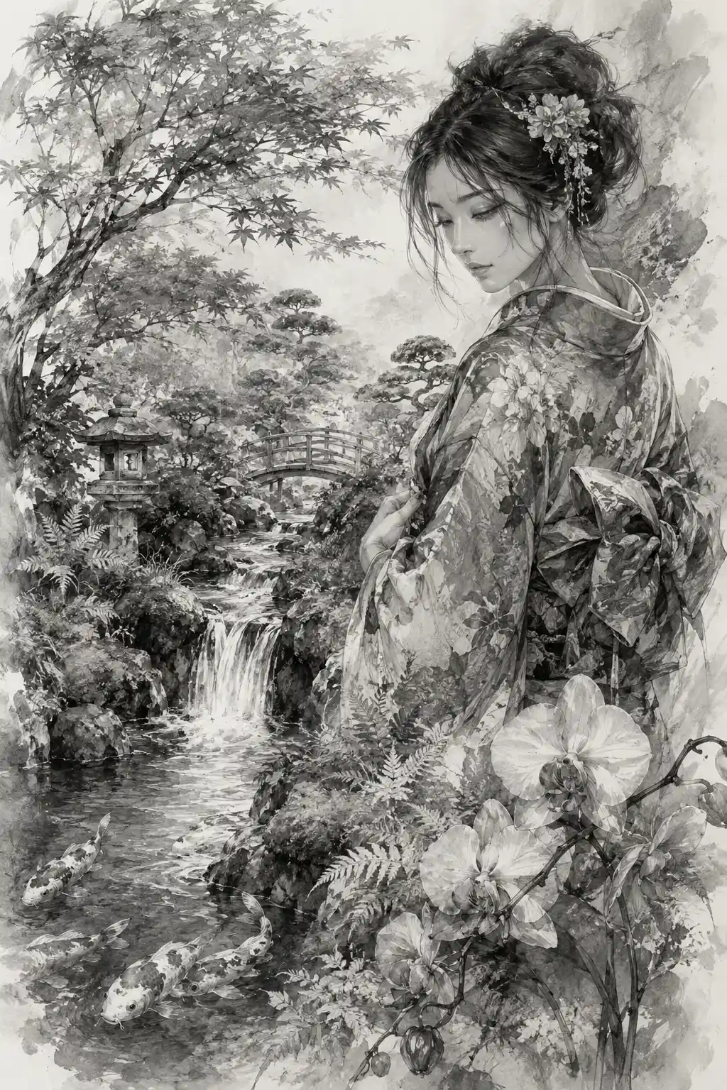 Japanese garden stream with koi and traditional kimono lady