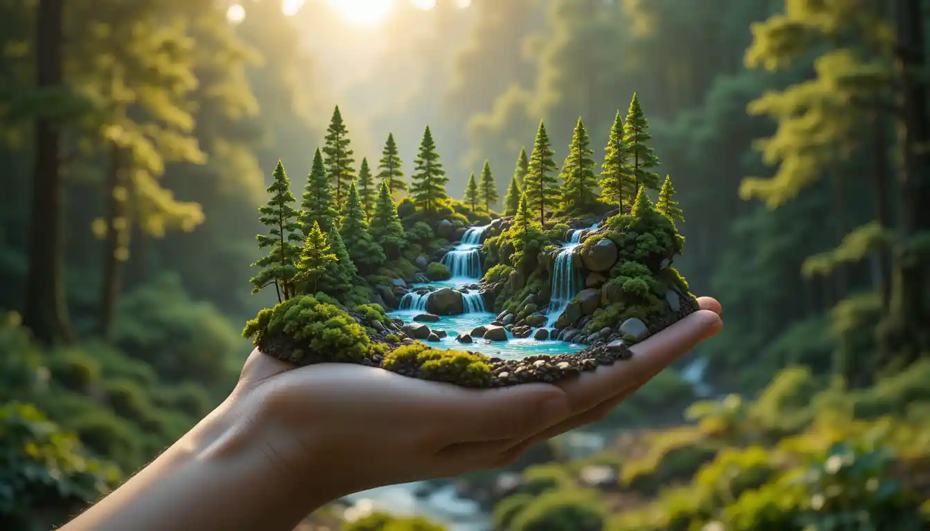 Miniature forest with waterfalls cradled in a human hand