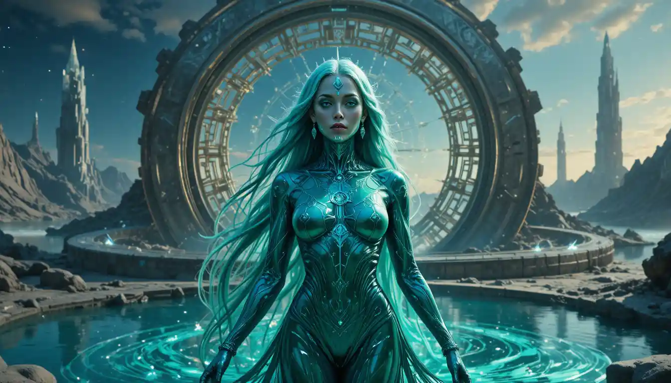 Futuristic oracle before a crystal shrine by a cosmic lake