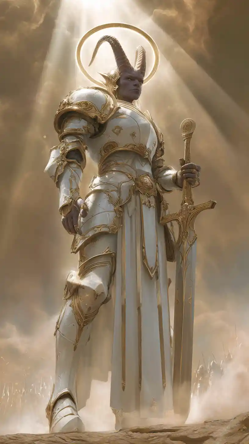 Radiant tiefling paladin on a sunlit fantasy battlefield