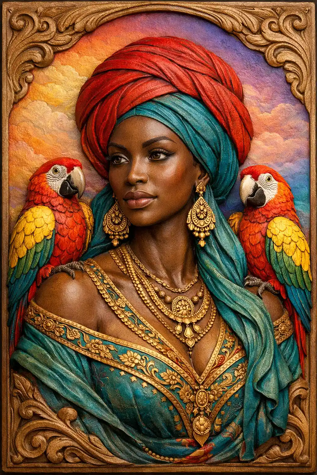 Black woman in 3D relief with parrots and vivid colors