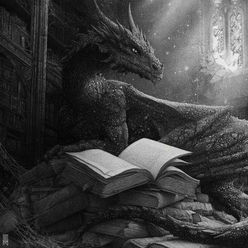 Stippled black dragon on decaying books in gothic library