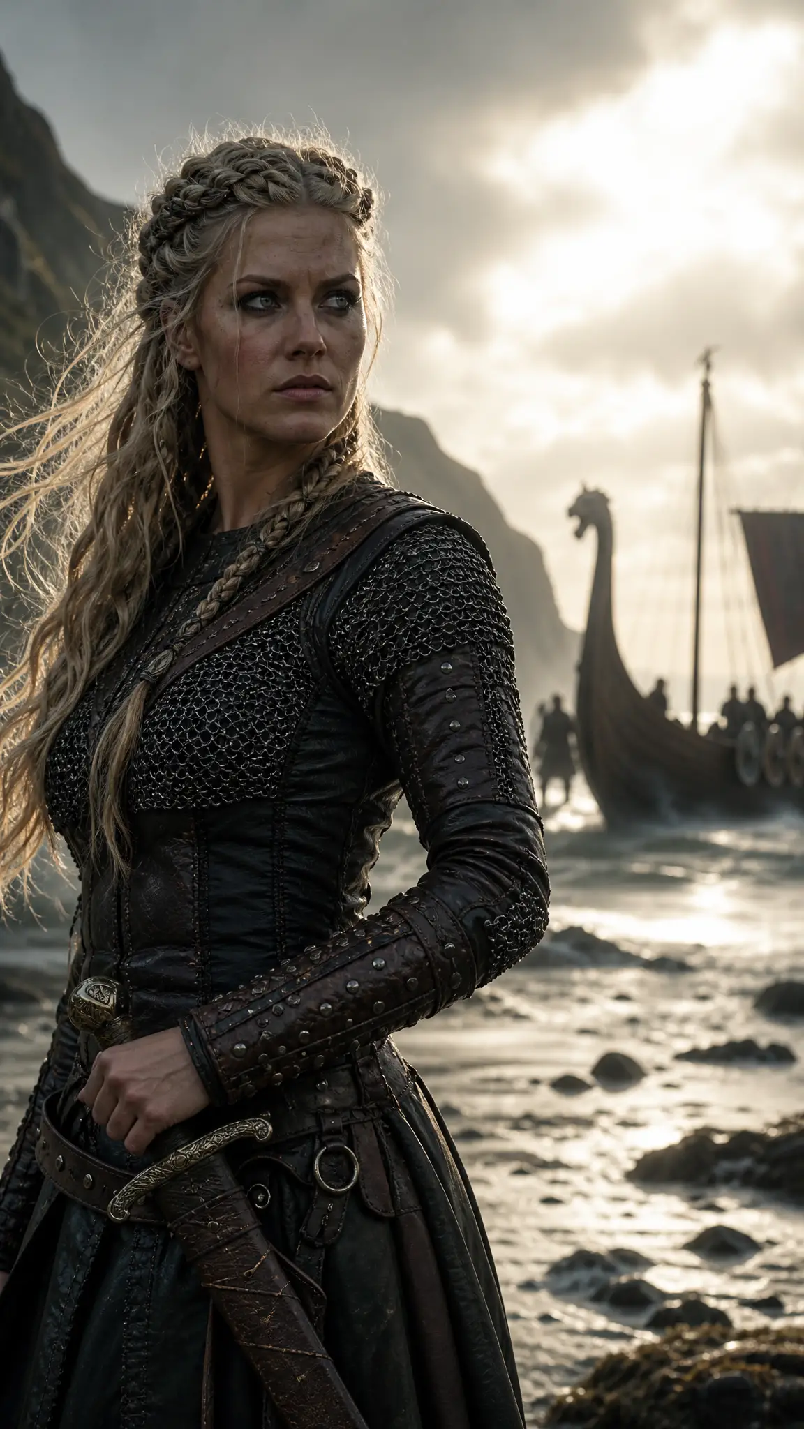 Determined female warrior on a misty cinematic coastline