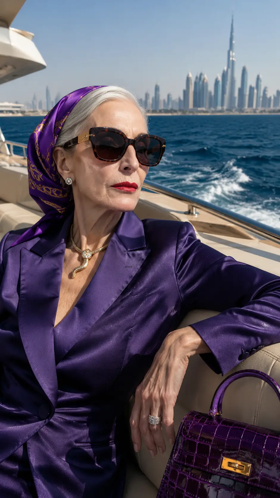 Elegante Seniorin entspannt auf dem Deck einer Luxusyacht