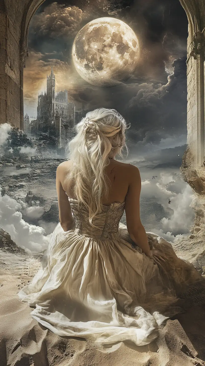 Moonlit sorceress in a medieval castle courtyard