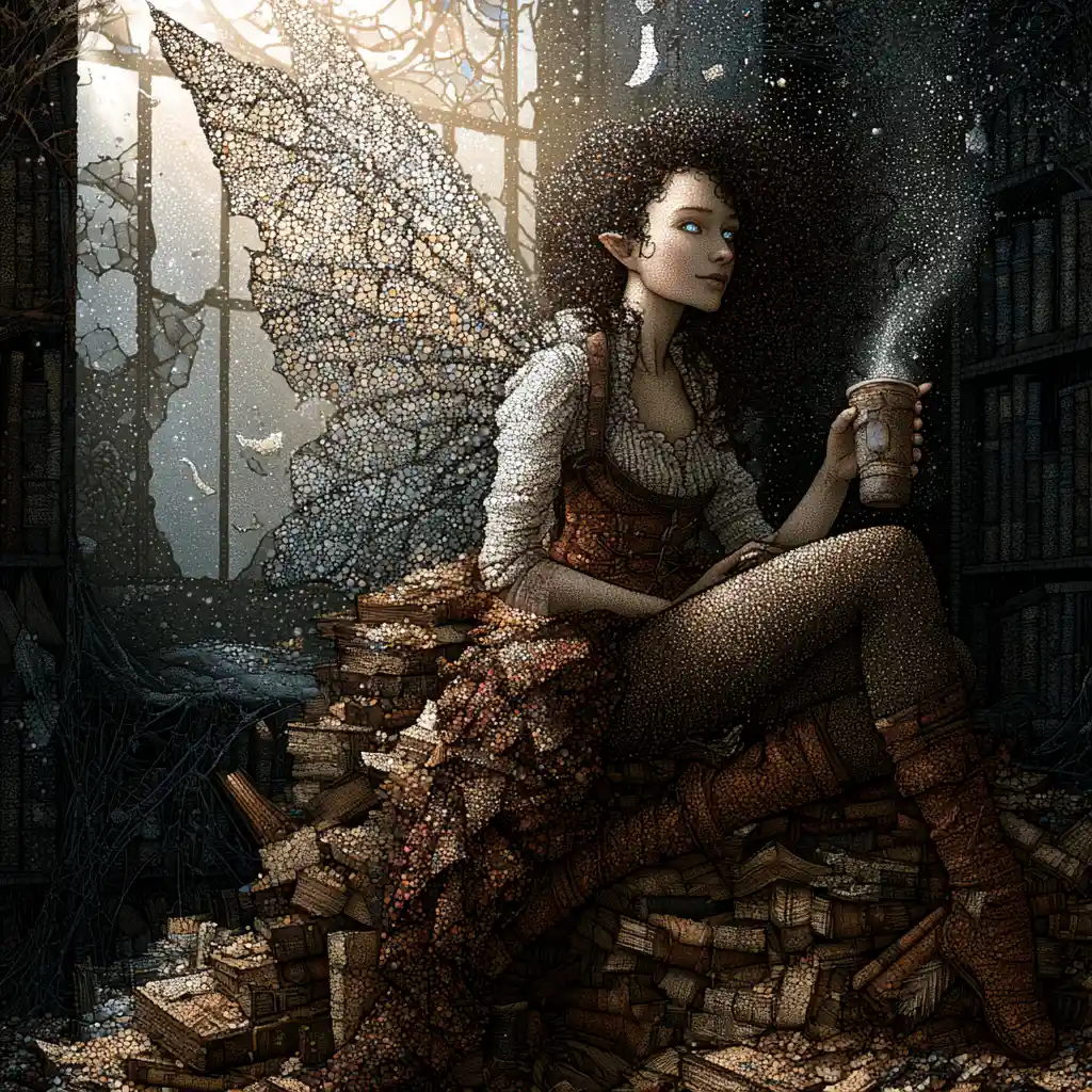 Steampunk fairy sipping coffee in a gothic library