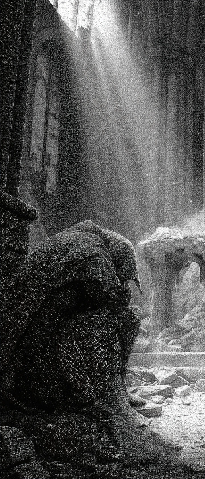 Weathered knight kneeling before a shattered cathedral altar