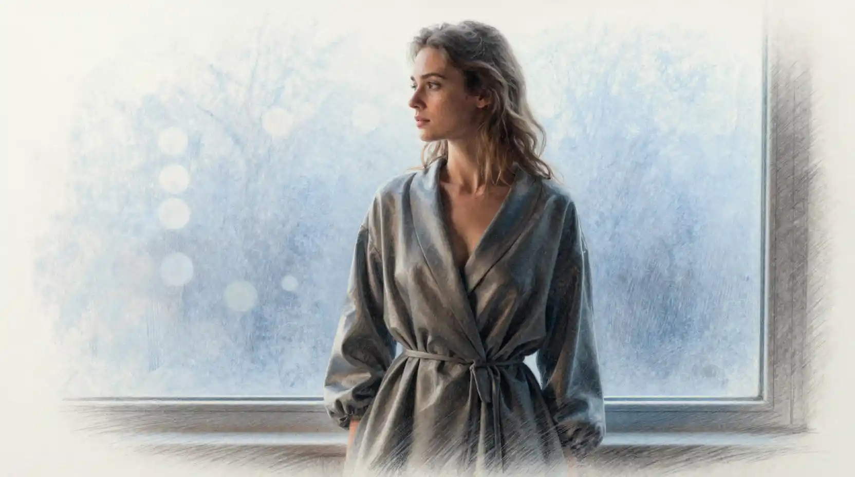 Young woman silhouetted against a cold blue window
