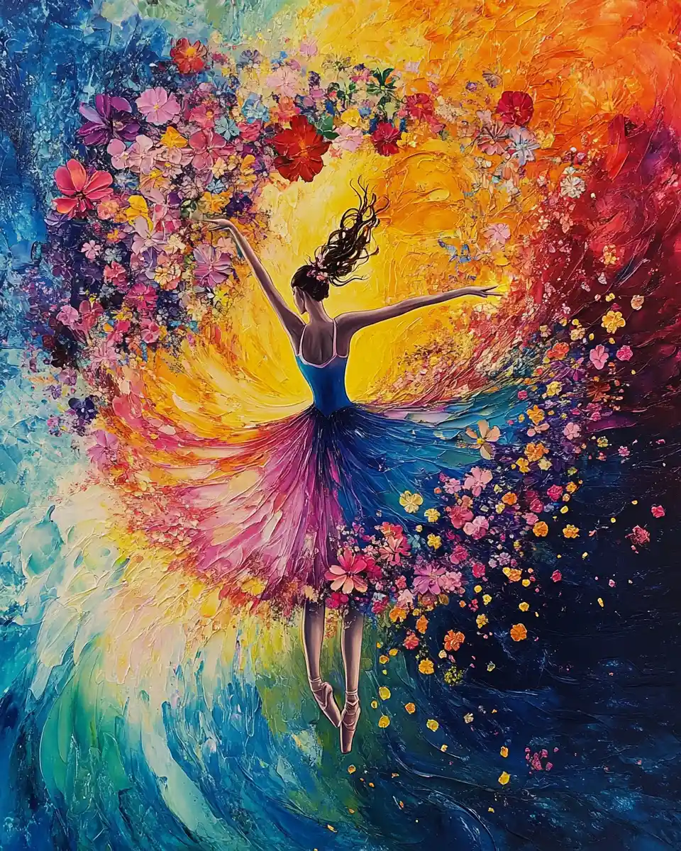 Ethereal ballerina in a swirling floral tutu dreamscape