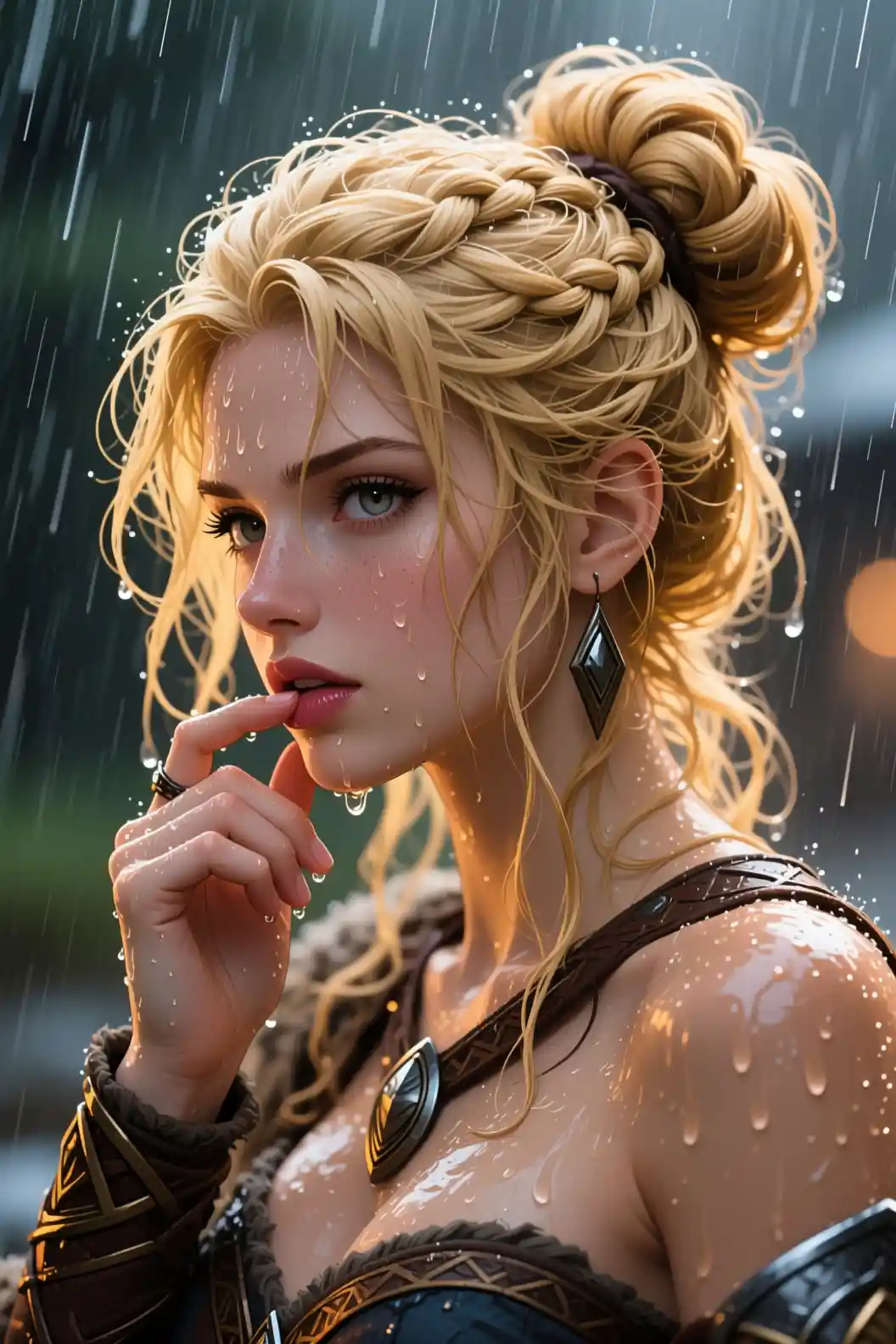 Blonde anime viking woman in warm rain soaked portrait