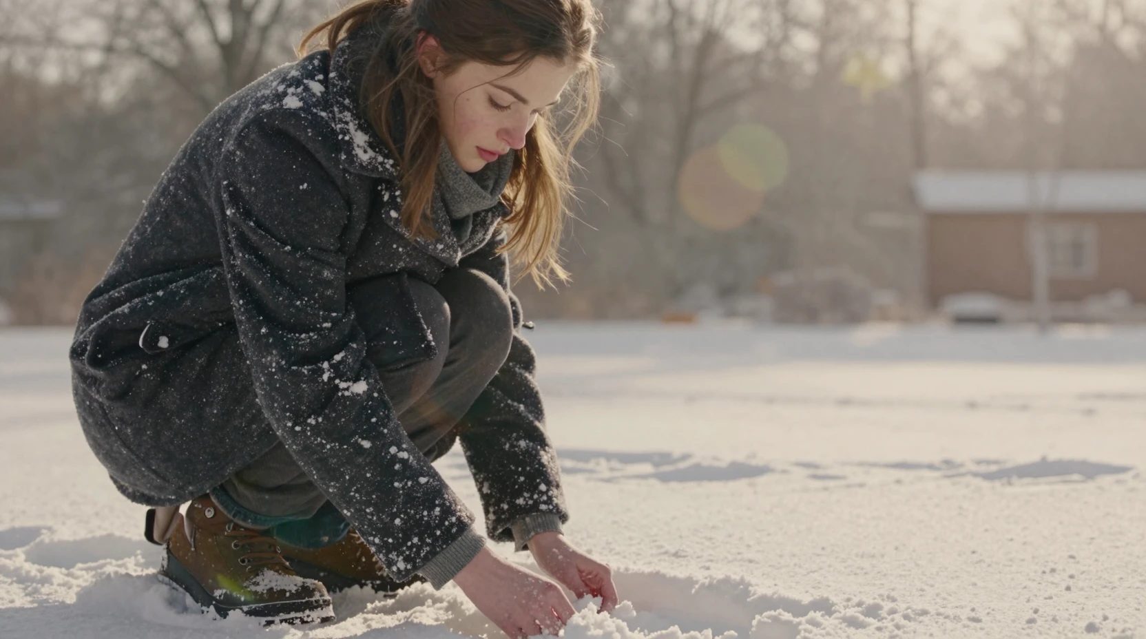Young woman watching her footsteps fill with fresh snow