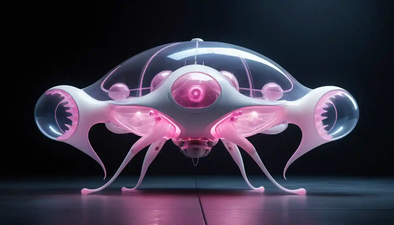 Organic latex sci fi drone with glowing energy core