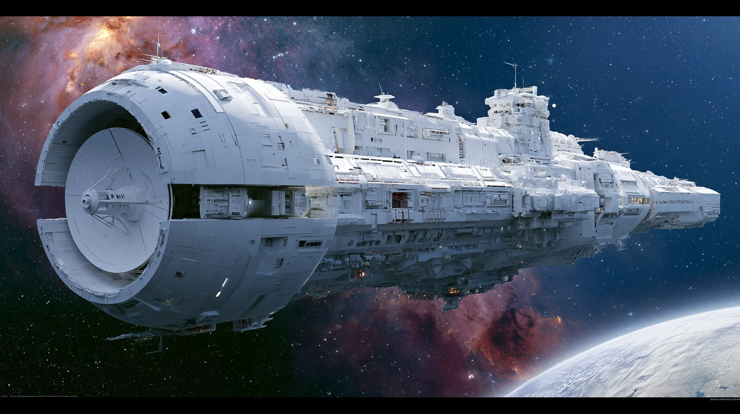 Massive white spaceship approaching a distant colorful planet