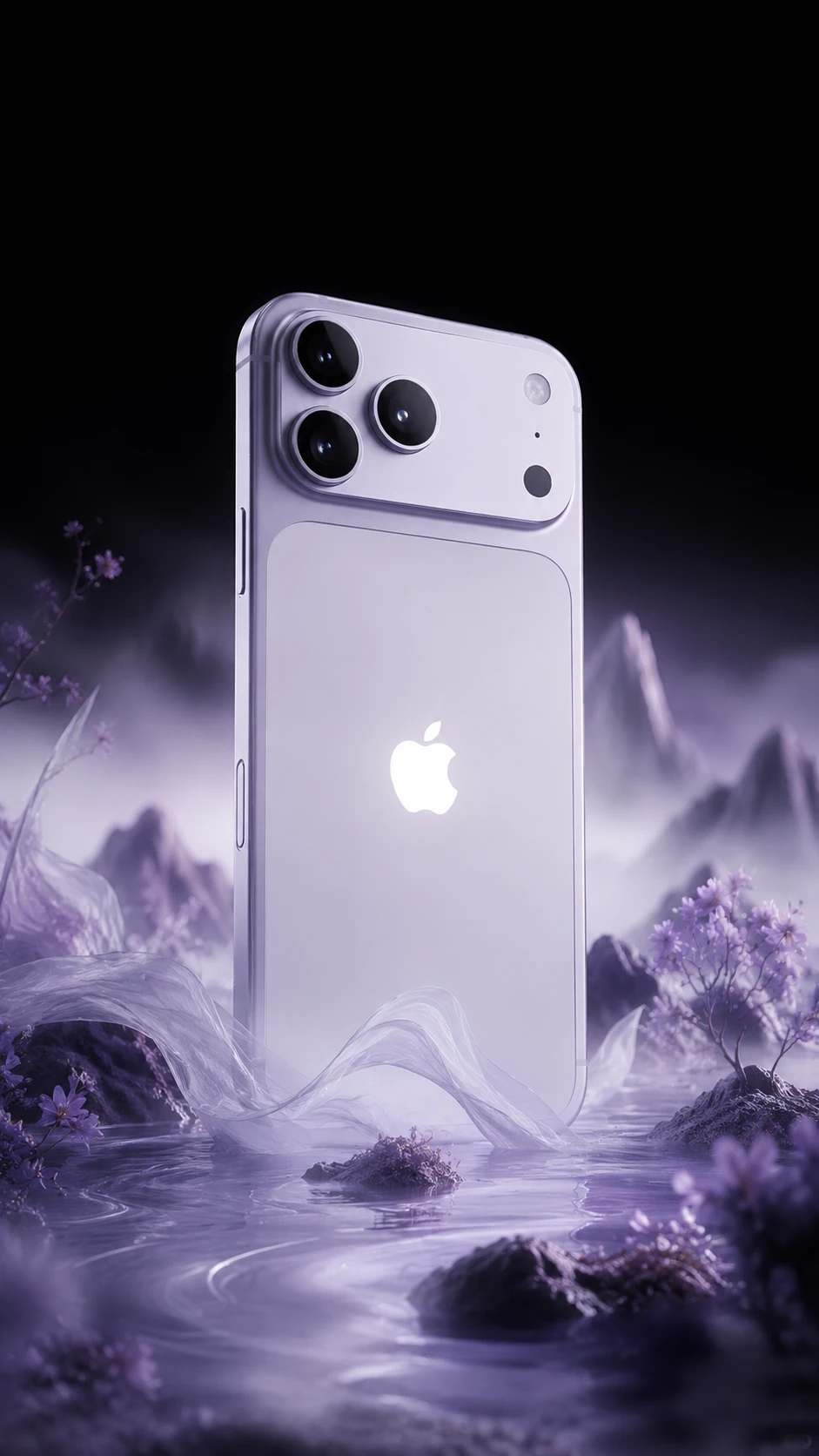 Flagship smartphone floating above hazy lavender flower hills