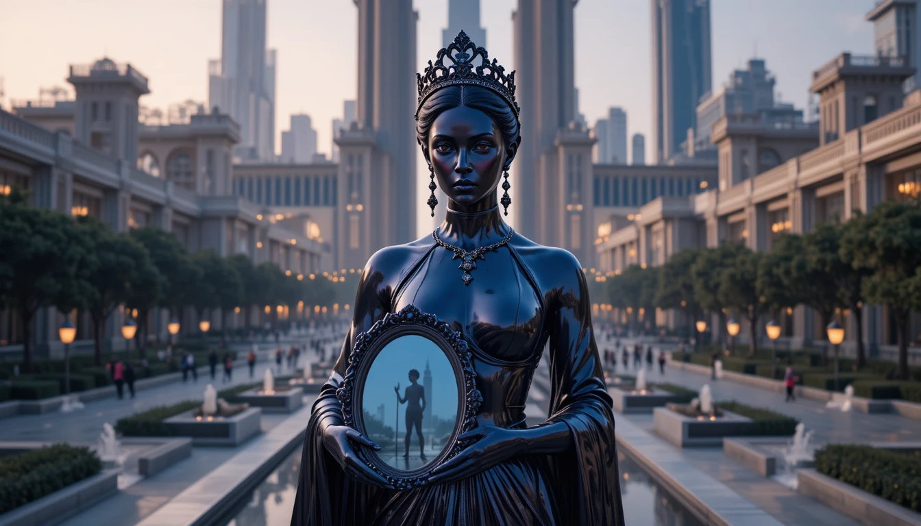Latex queen monument with mirror in luminous city square