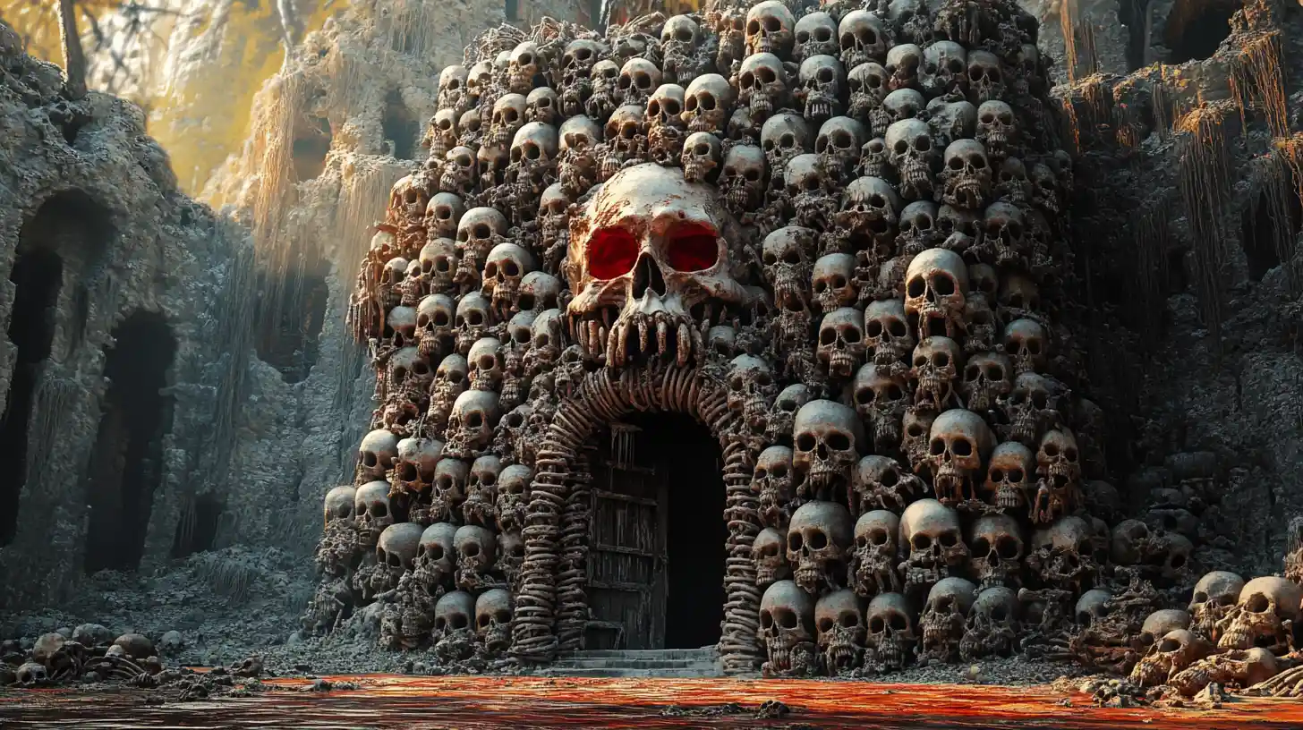 Surreal Haunted Mansion Built From Stacked Skulls In Darkness