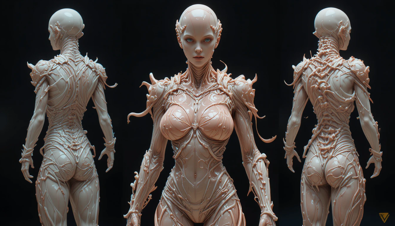 Elegant warrior woman in living latex armor full body view