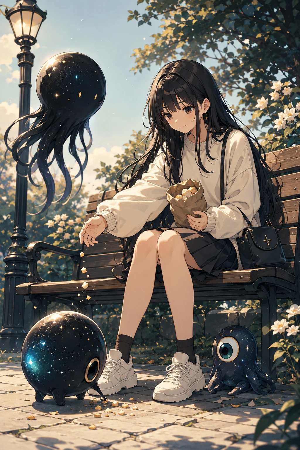 Anime girl feeding cute cosmic creatures on a park bench