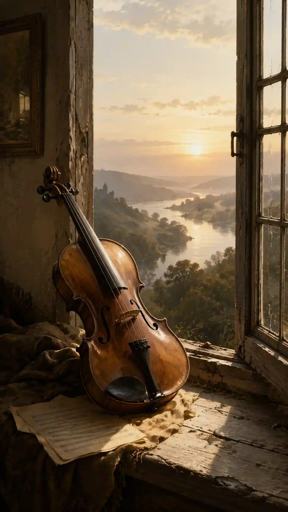 Violin On Weathered Windowsill At Quiet Dawn Light