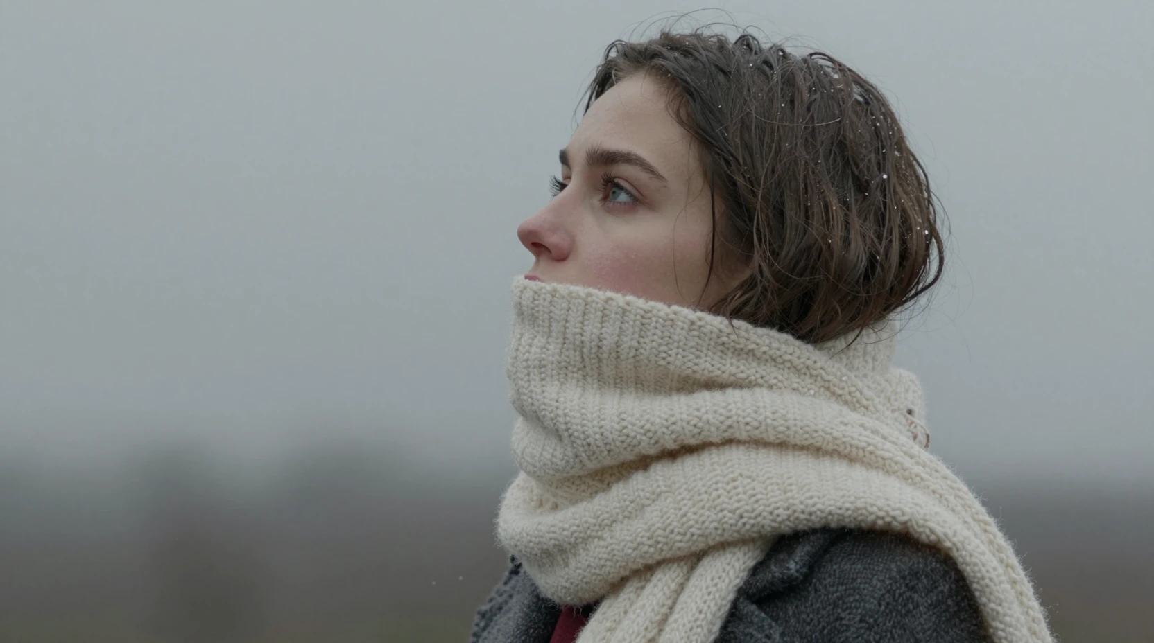 Young woman in scarf gazing up at a gray sky