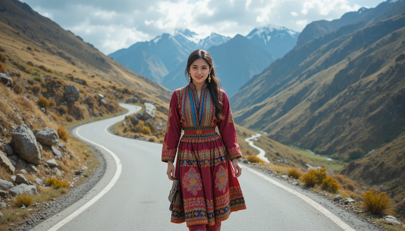 Cheerful mountain girl walking along a winding scenic road
