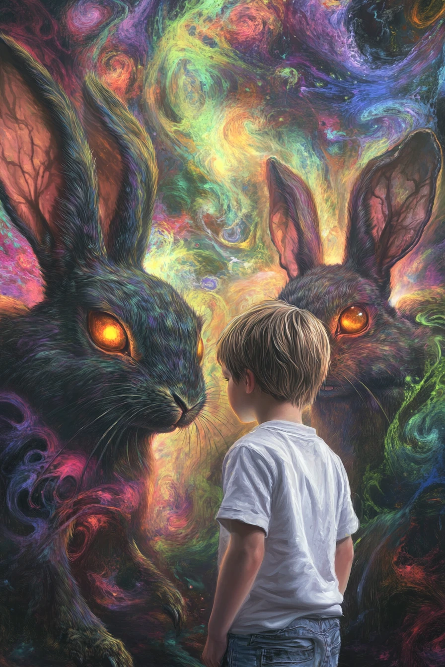 Frightened Boy Facing Giant Rabbits In Cosmic Void