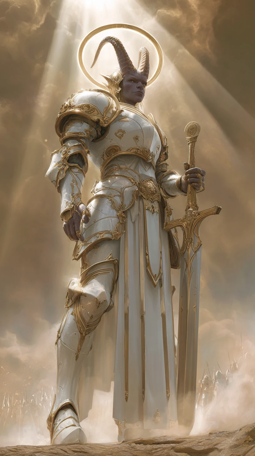 Radiant tiefling paladin on a sunlit fantasy battlefield