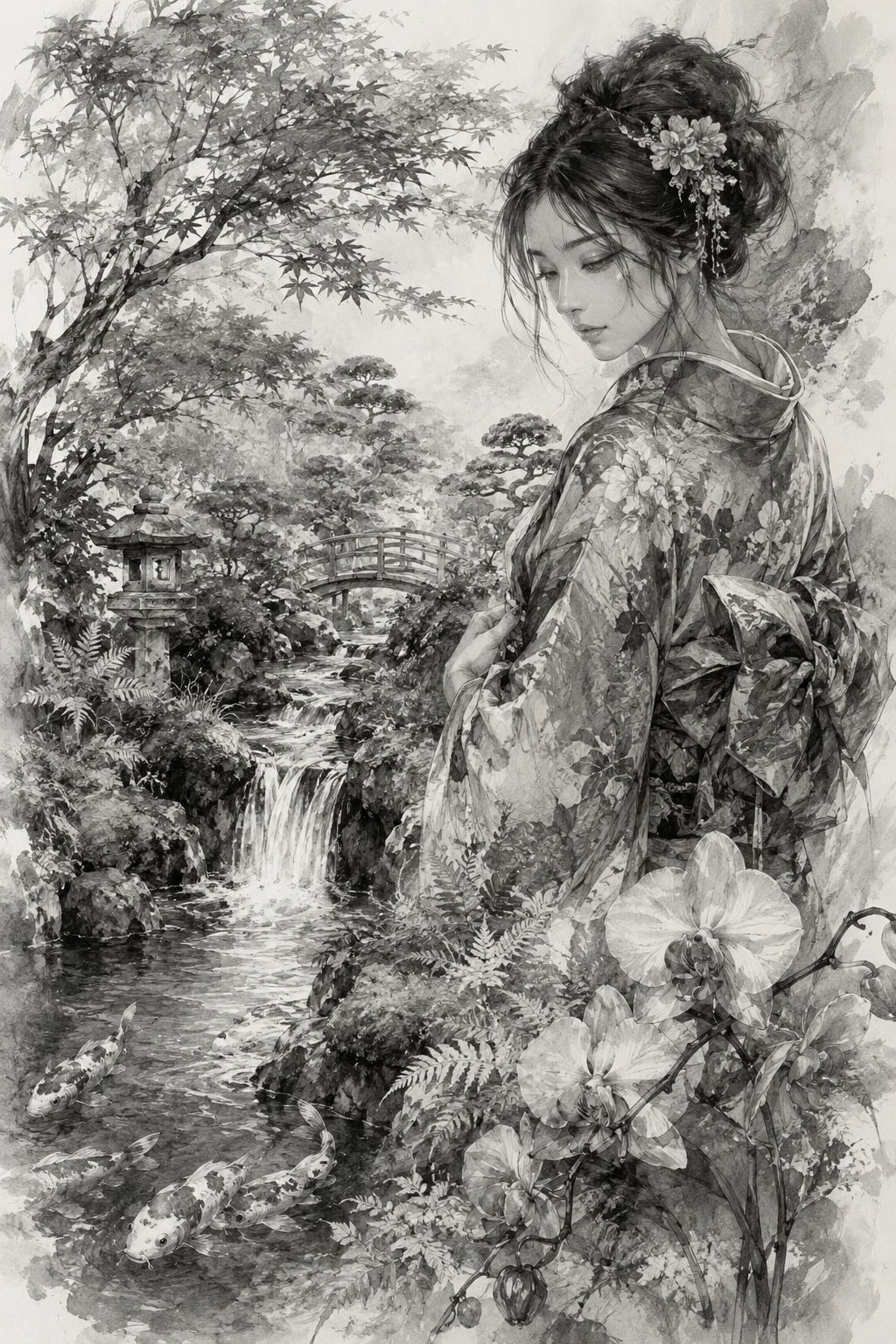 Japanese garden stream with koi and traditional kimono lady
