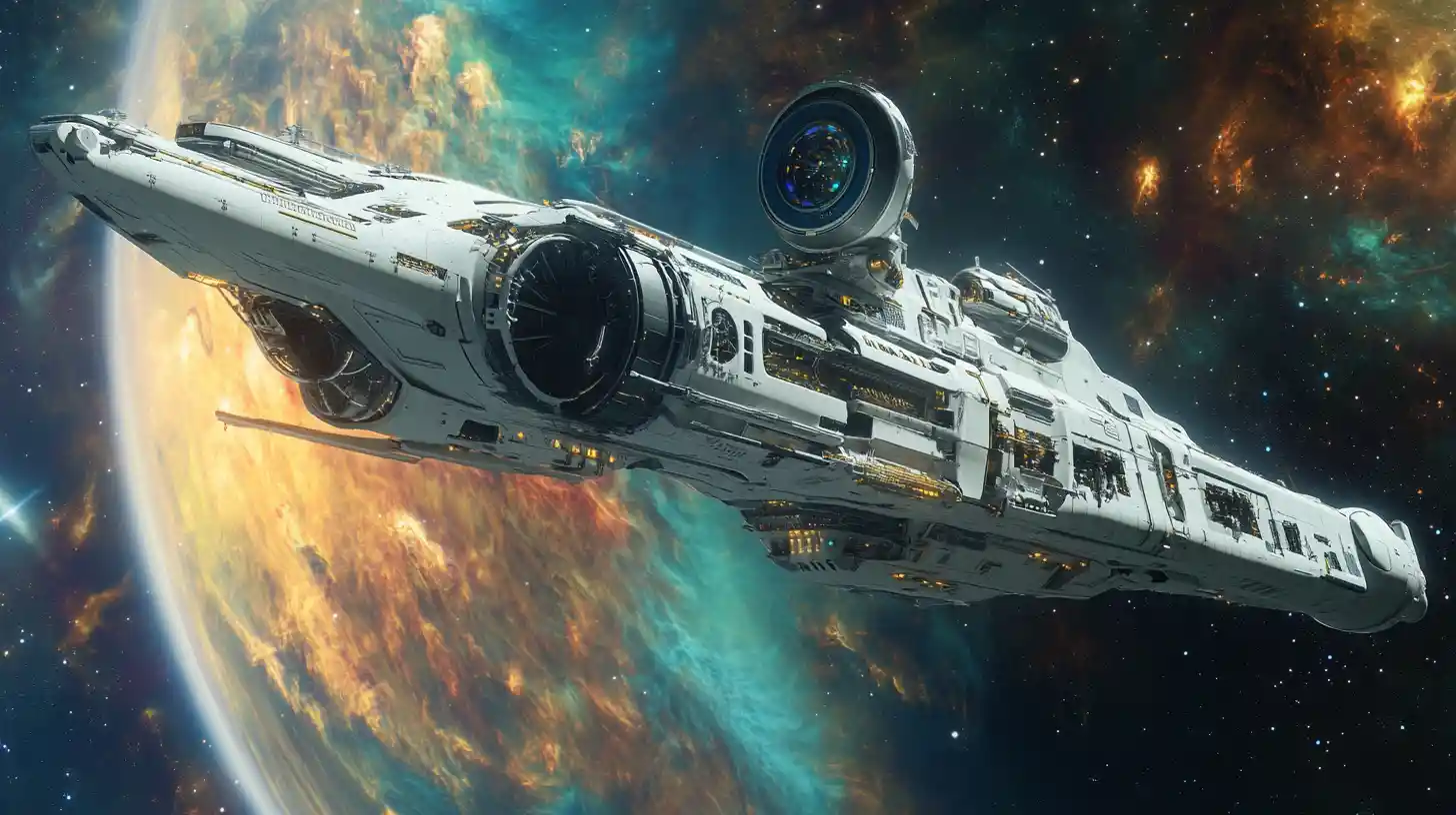 Massive white spaceship approaching a distant colorful planet
