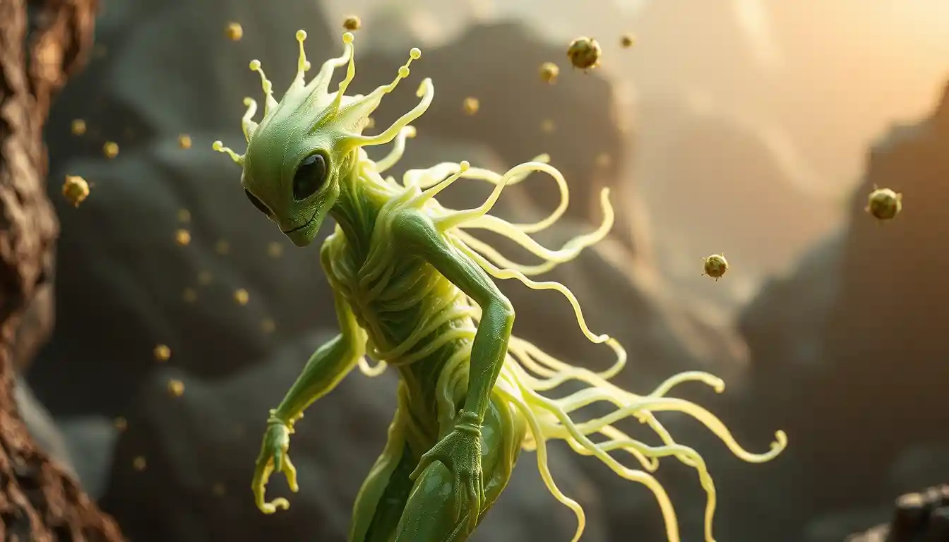 Alien latex guardian in a luminous sci fi ecosystem