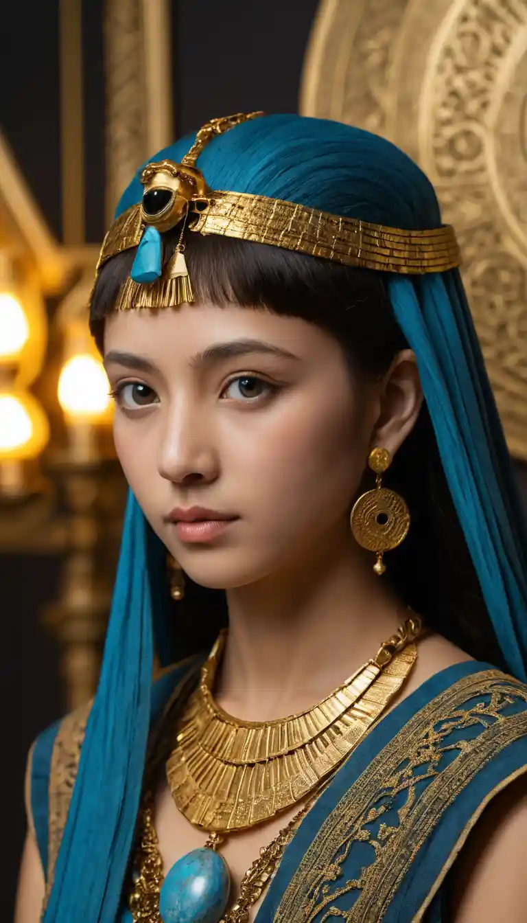Asian woman dressed as ancient Egyptian queen outdoors