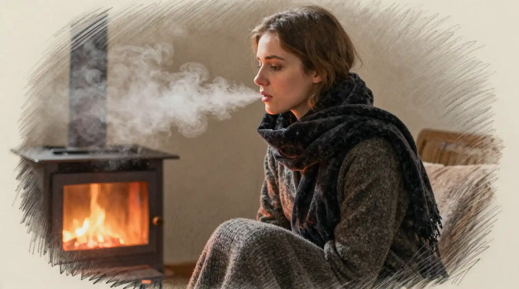Giovane donna che espira un respiro nebbioso alla calda luce della stufa