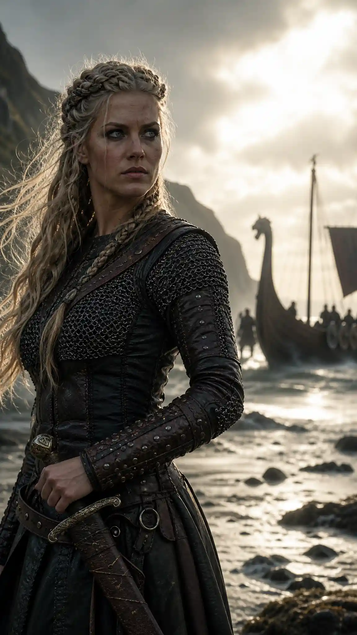 Determined female warrior on a misty cinematic coastline