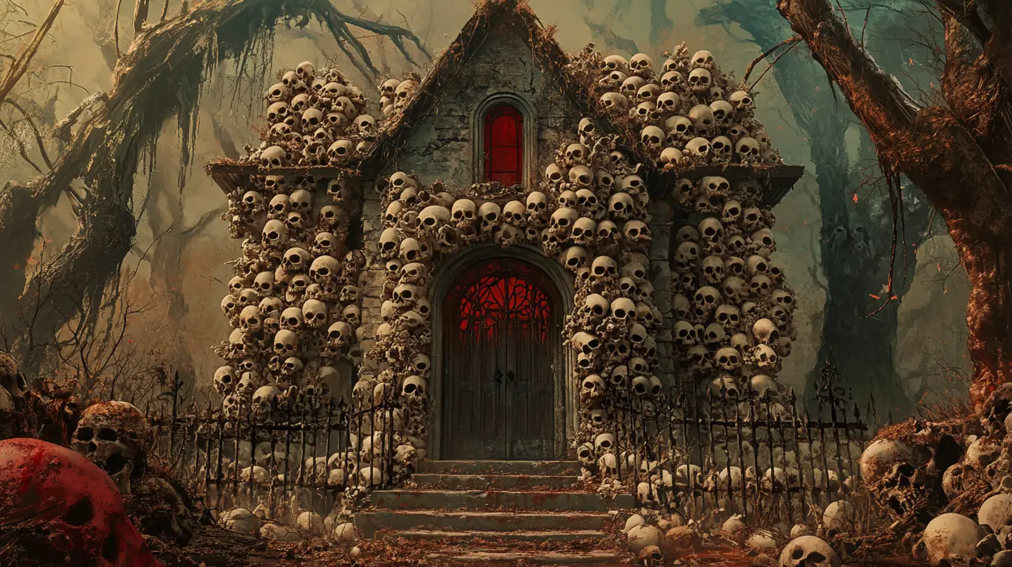 Haunted skull mansion with gaping maw doorway in dark forest