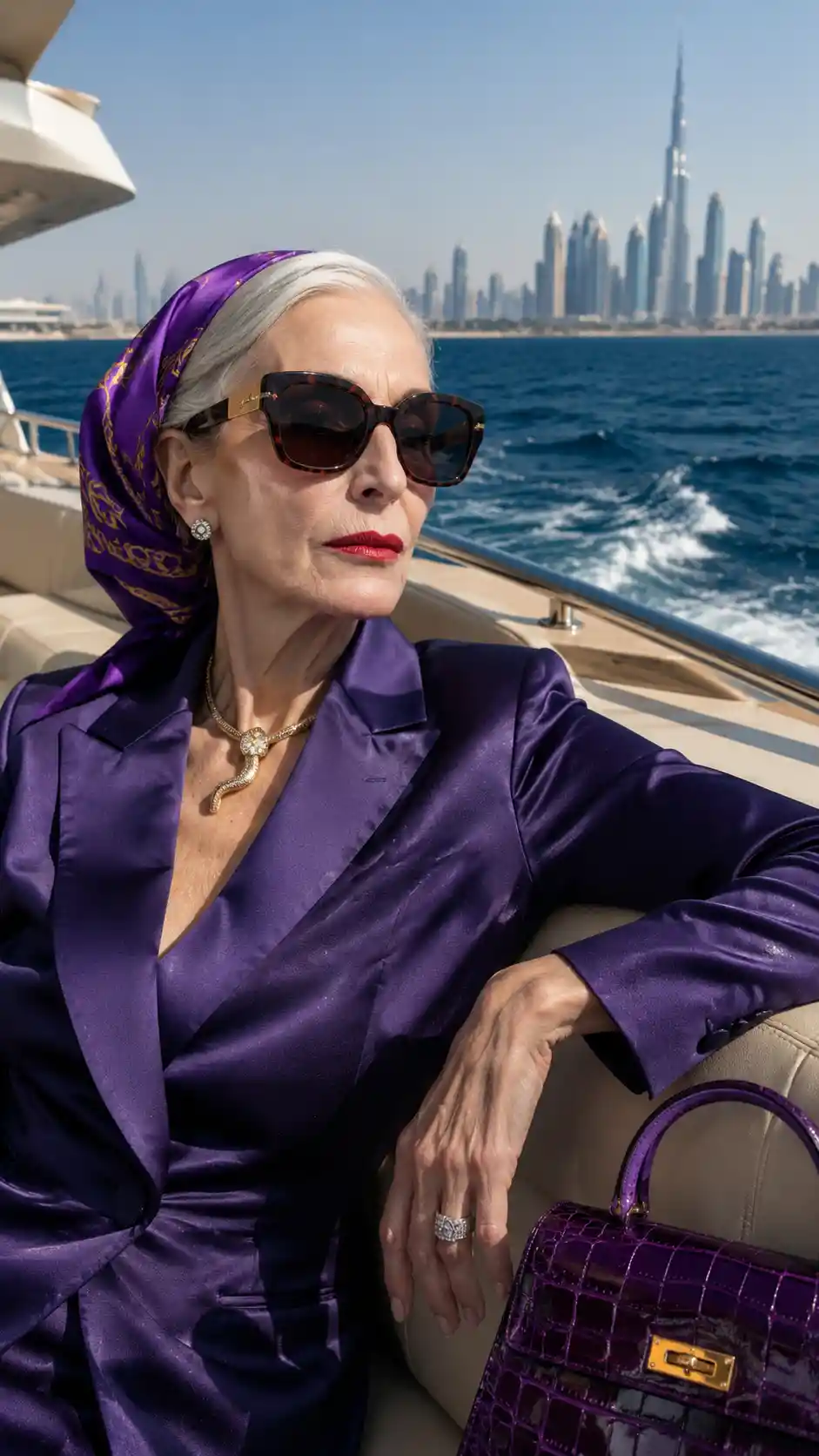 Elegant senior woman relaxing on luxury yacht deck