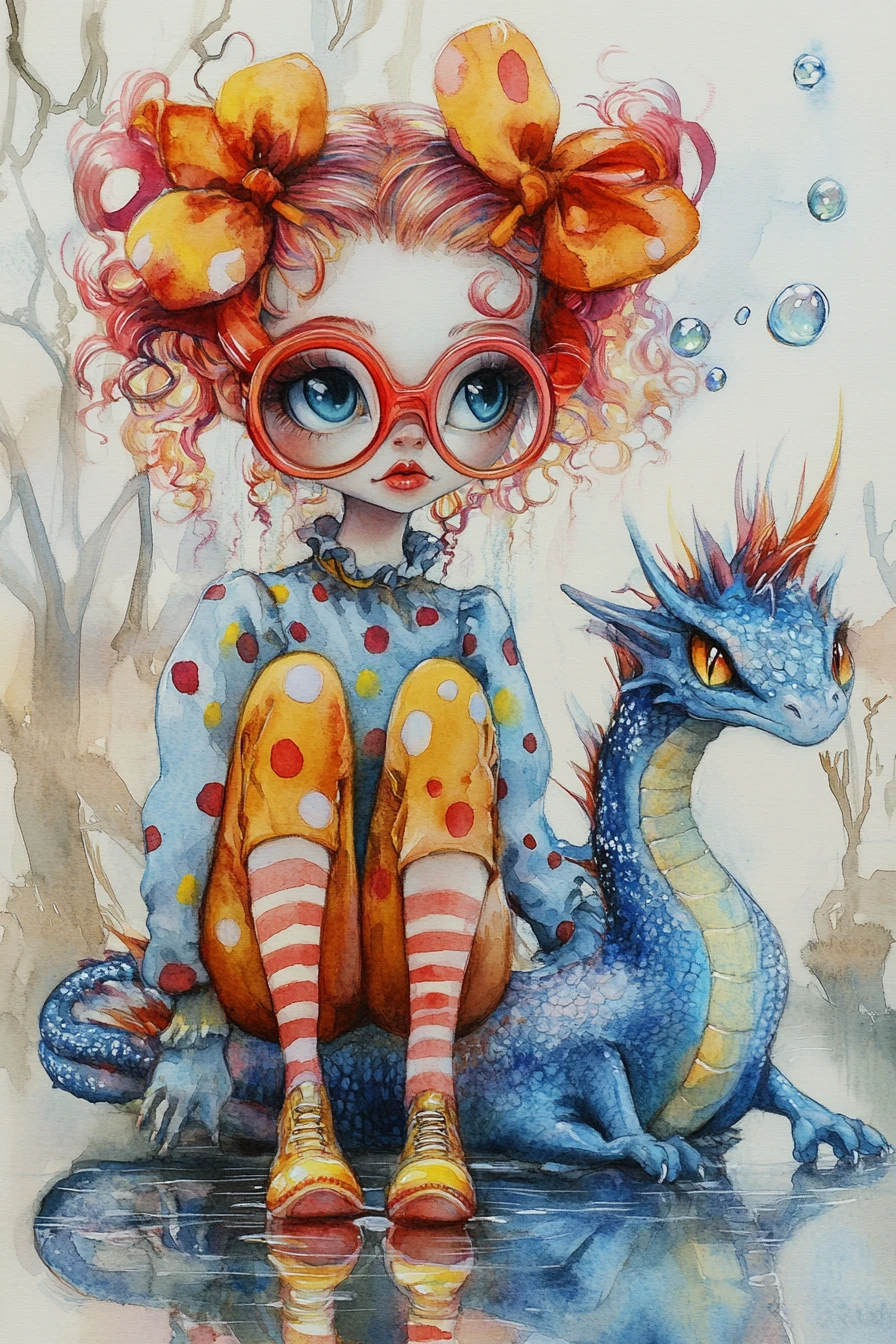 Whimsical woman with tiny dragon in watercolor fantasy scene