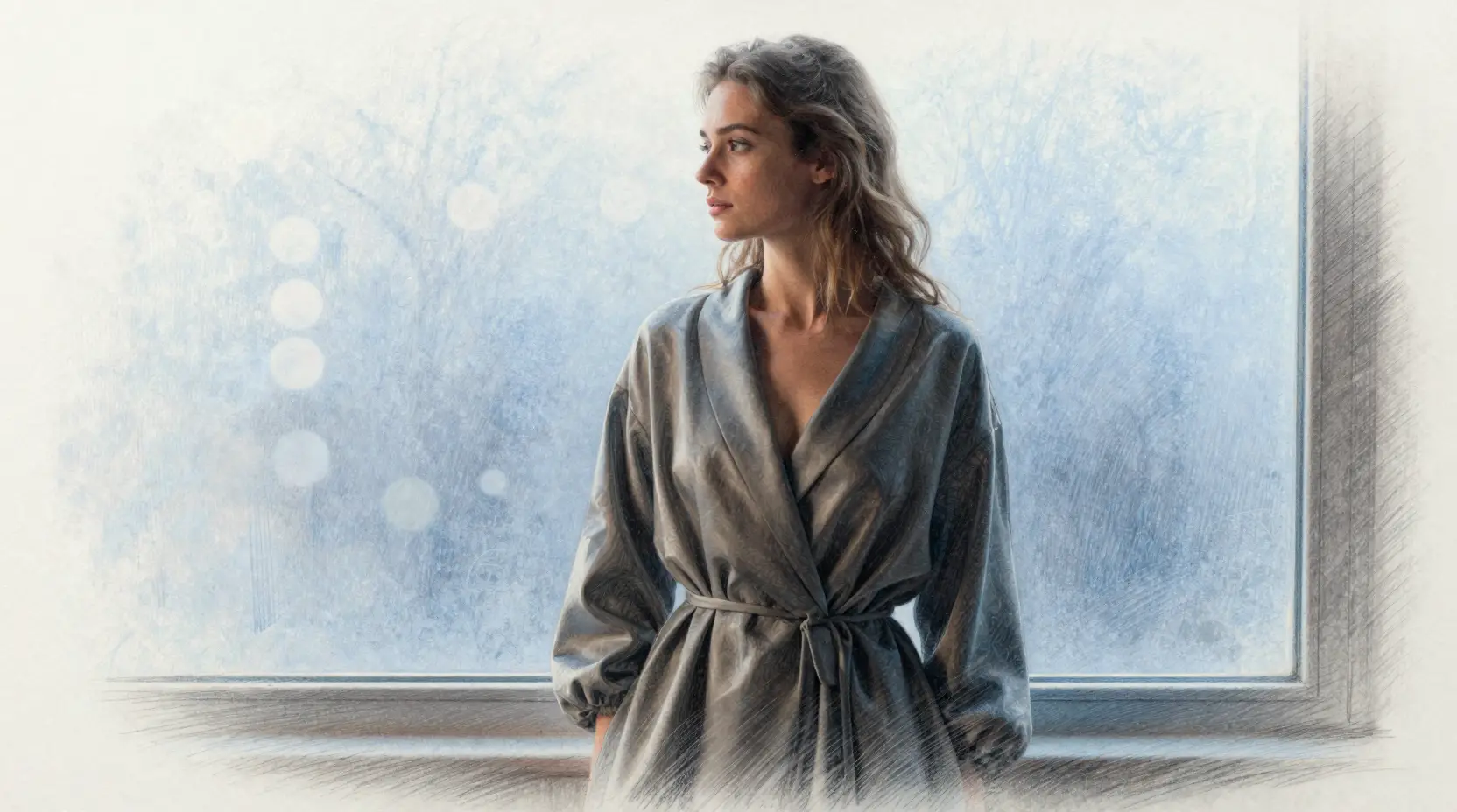 Young woman silhouetted against a cold blue window
