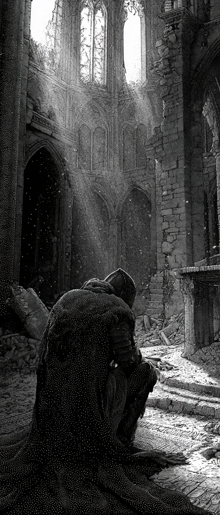 Knight Kneeling Before Shattered Altar In Ruined Cathedral
