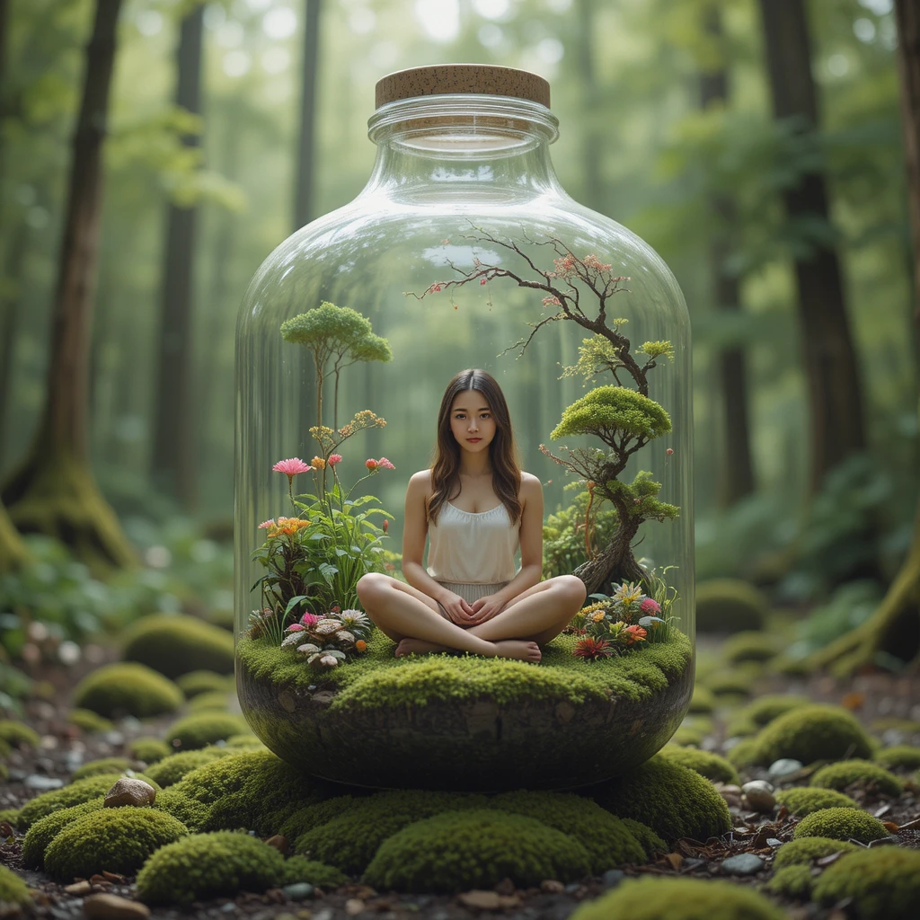 Girl in glass bottle terrarium within a dreamy forest