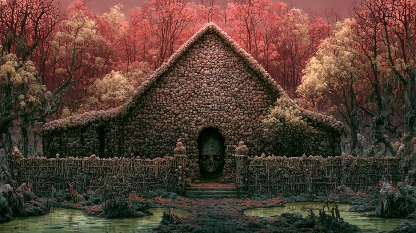 Haunted Skull Mansion With Gaping Maw In Nightmarish Forest