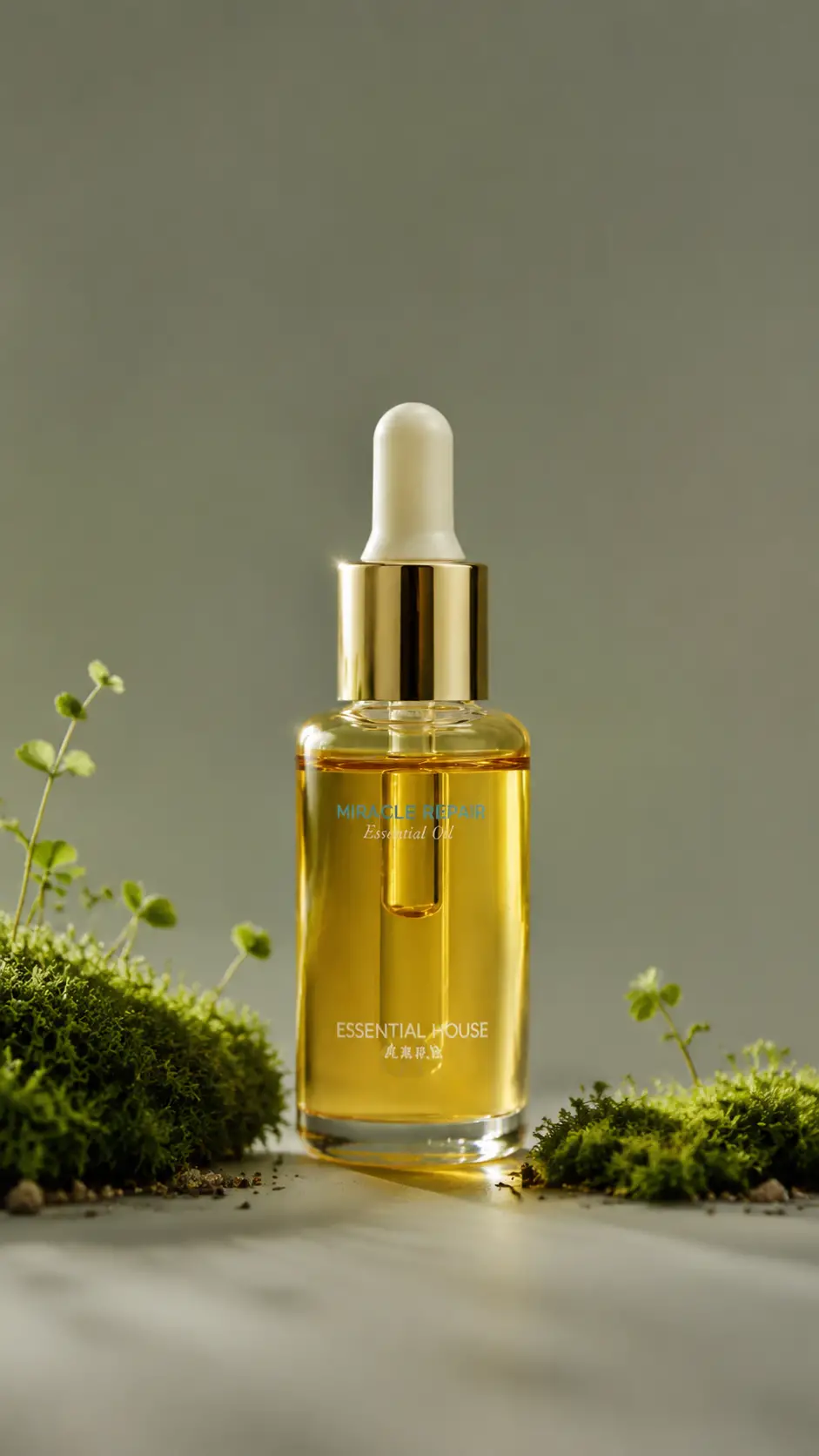 Close up natural skincare bottle with moss on gray tabletop