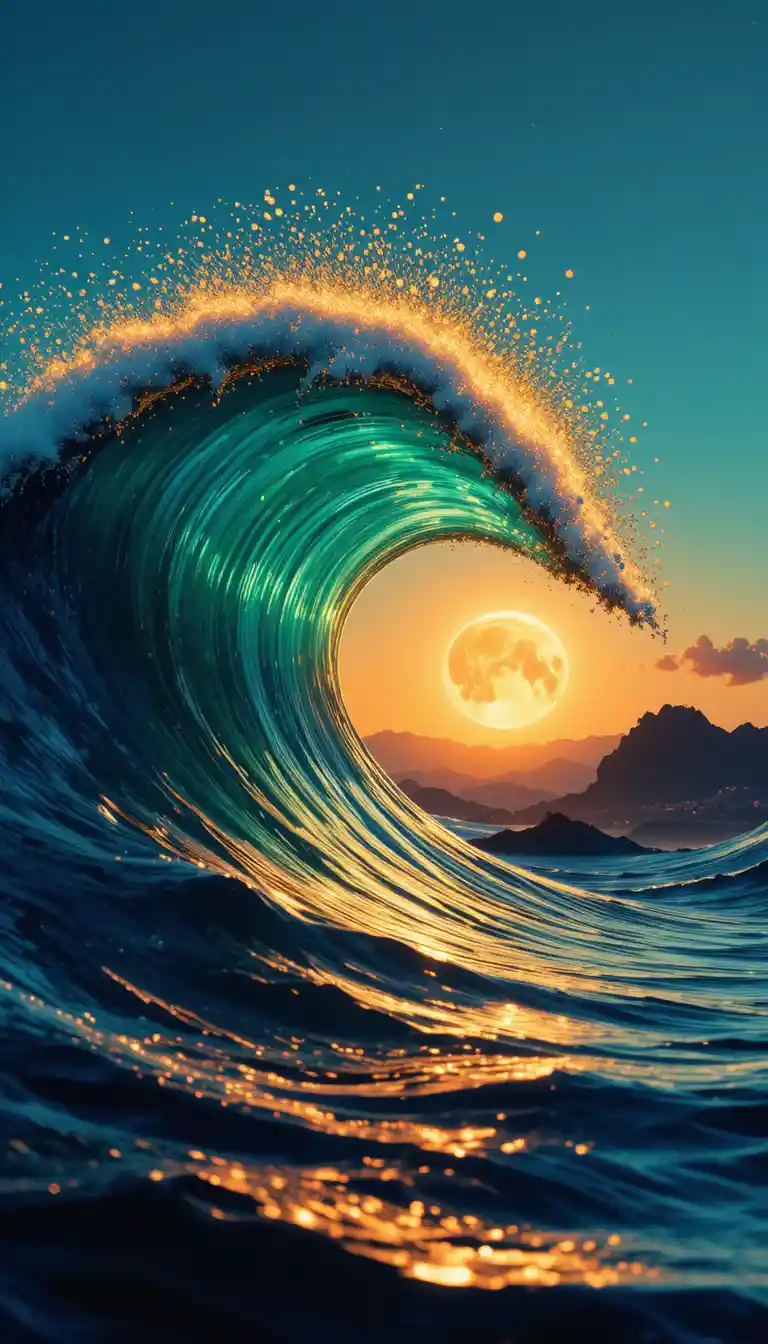 Epic emerald barrel wave under a glowing full moon