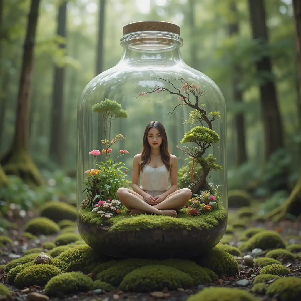 Girl in glass bottle terrarium within a dreamy forest