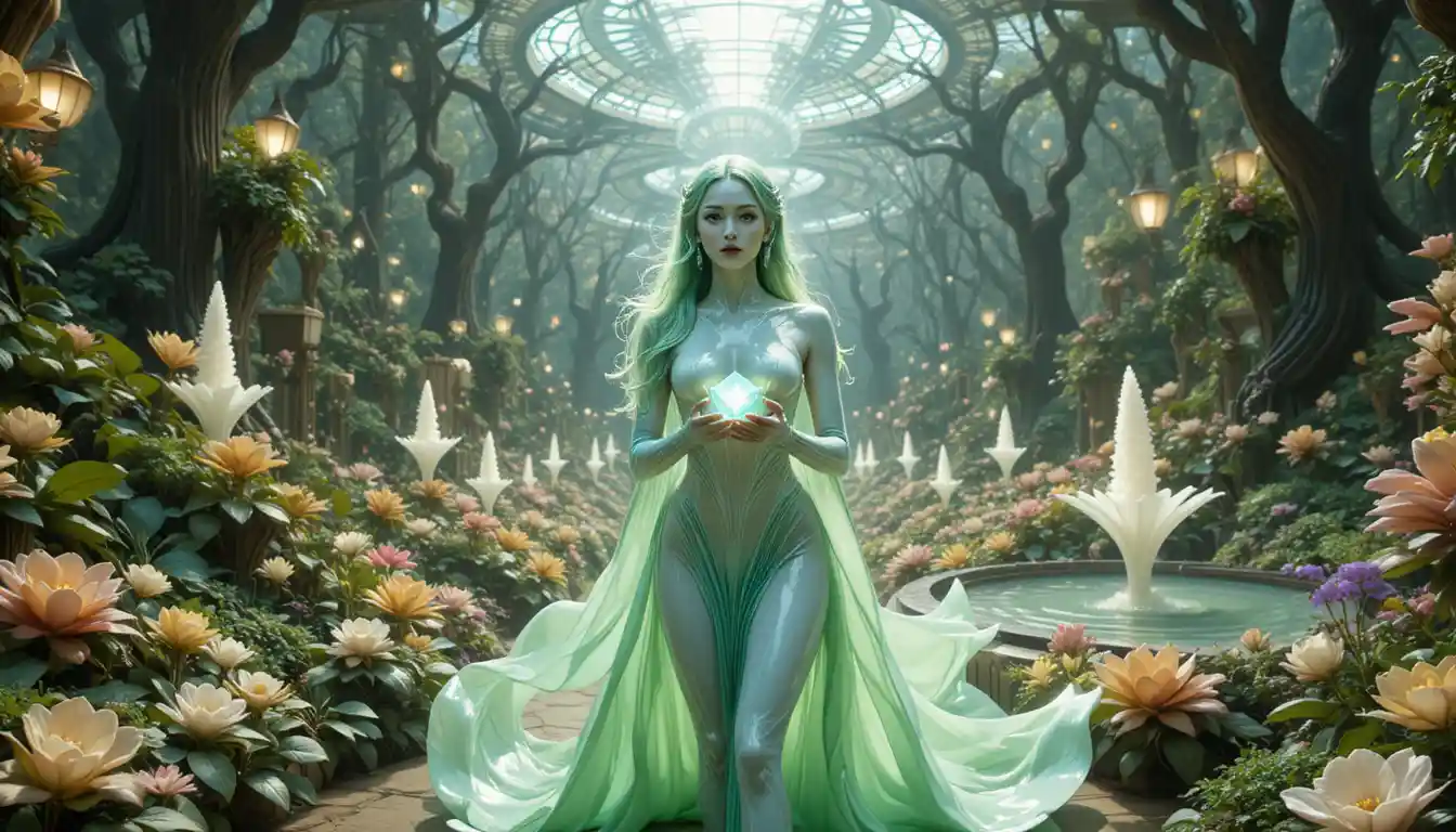 Elegant alien woman in a luminous botanical park
